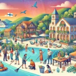 DALL·E 2024-07-22 13.44.52 – A vibrant scene depicting various aspects of travel trends for 2024. The image includes a group of people enjoying a boutique experience in a small, c