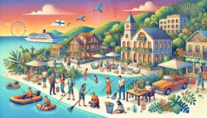 DALL·E 2024-07-22 13.44.52 – A vibrant scene depicting various aspects of travel trends for 2024. The image includes a group of people enjoying a boutique experience in a small, c