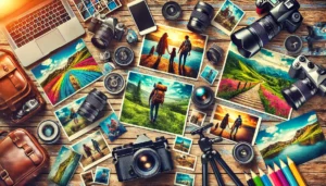 DALL·E 2024-07-22 13.49.48 – A vibrant image capturing the essence of photography as a hobby. The scene includes a variety of cameras (smartphone, DSLR, and mirrorless), accessori