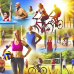 DALL·E 2024-07-22 14.09.28 – A vibrant image showing diverse people engaging in various sports activities such as jogging, swimming, cycling, yoga, and playing volleyball. The sce