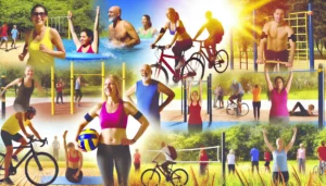 DALL·E 2024-07-22 14.09.28 – A vibrant image showing diverse people engaging in various sports activities such as jogging, swimming, cycling, yoga, and playing volleyball. The sce