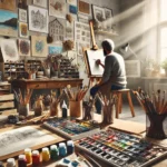 DALL·E 2024-07-22 14.13.29 – An artist’s workspace filled with various drawing and painting materials. There are sketchbooks, pencils, erasers, and different kinds of paints like