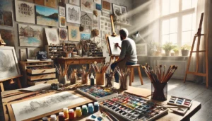 DALL·E 2024-07-22 14.13.29 – An artist’s workspace filled with various drawing and painting materials. There are sketchbooks, pencils, erasers, and different kinds of paints like